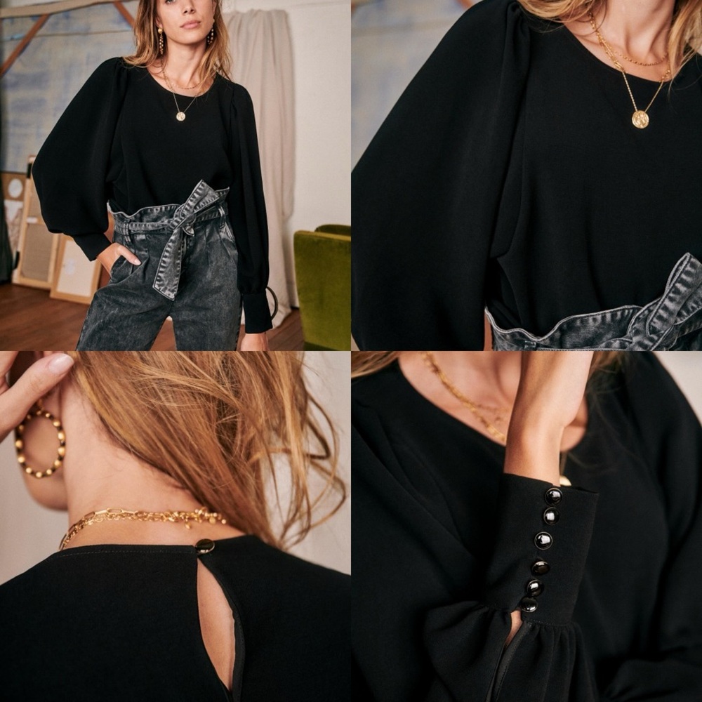 Sézane Bénédicte Blouse Black FR 34 US 2 Small Boho Balloon Sleeve Crepe Top